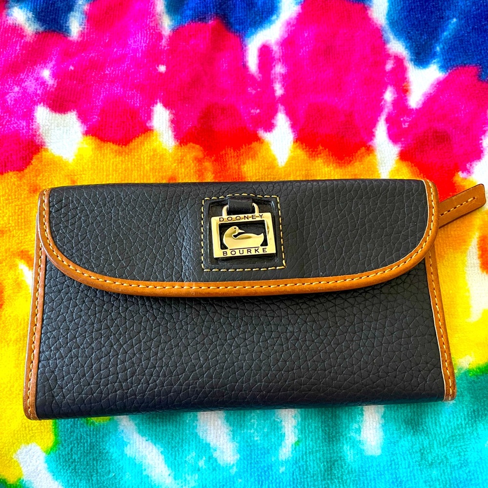 DOONEY & BOURKE Pebble grain Continental Clutch Wallet - blue w/tan leather trim